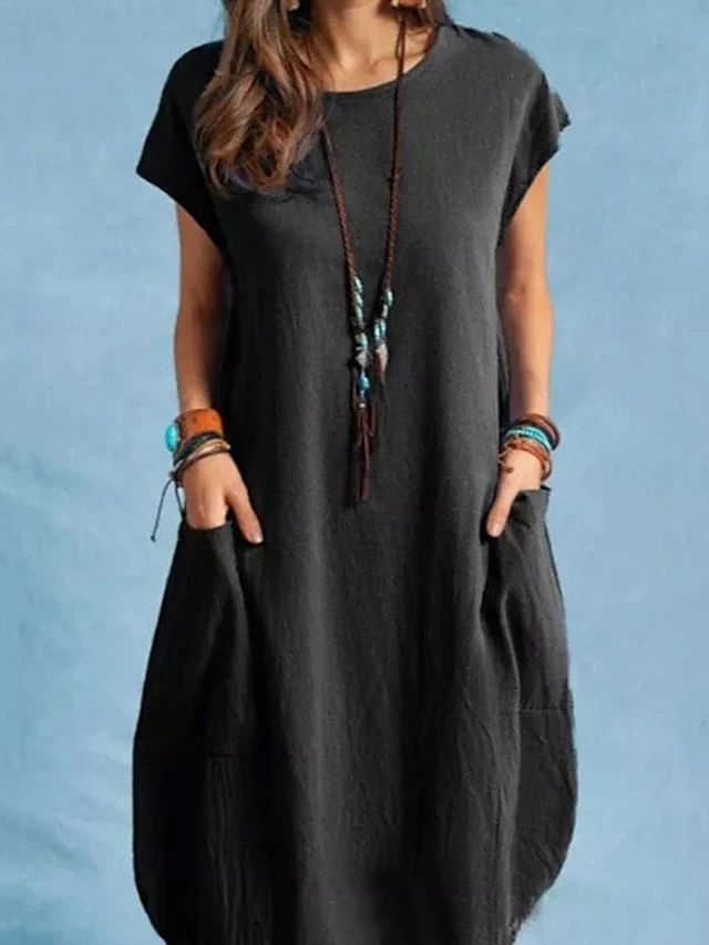 Women's Cotton Linen Dress Casual Dress Shift Dress Midi Dress Cotton And Linen Casual Classic Outdoor Daily Vacation Crew Neck Pocket Short Sleeve Summer Spring Fall 2023 Regular Fit Black White 7 Women's Cotton Linen Dress Casual Dress Shift Dress Midi Dress Cotton And Linen Casual Classic Outdoor Daily Vacation Crew Neck Pocket Short Sleeve Summer Spring Fall 2023 Regular Fit Black White - Image 7