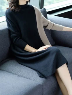 Women's Work Dress Casual Dress Shift Dress Fashion Winter Dress Daily Midi Dress Patchwork Stand Collar Long Sleeve Color Block Regular Fit Black Red Fall Winter M L XL XXL 3XL -Party Prom Dresses Sales Store kpkbpo1697099108634