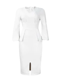 Women's Work Dress Sheath Dress Black Dress Fashion Puff Sleeve Midi Dress Ruched Split V Neck Long Sleeve Plain Regular Fit Black White Red Fall Winter S M L XL XXL -Party Prom Dresses Sales Store kpwzaf1693206400920