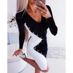 Women's Work Dress Sheath Dress A Line Dress Knee Length Dress Black And White Black Red Long Sleeve Color Block Button Fall Winter Autumn Crew Neck Fashion Winter Dress Office Fall Dress 2023 S M L