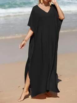 Women's White Dress A Line Dress Cover Up Long Dress Maxi Dress Cotton Basic Casual Outdoor Daily Vacation V Neck Split 3/4 Length Sleeve Summer Spring Fall 2022 Loose Fit Black White Yellow Plain -Party Prom Dresses Sales Store kpyein1672828146087