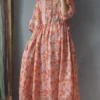 Women's Casual Dress Cotton Linen Dress Swing Dress Midi Dress Polyester Daily Casual Outdoor Daily Vacation Crew Neck Print 3/4 Length Sleeve Fall Autumn 2023 Loose Fit Orange Floral M L XL 2XL