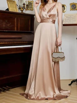 Women's Prom Dress Party Dress Satin Dress Long Dress Maxi Dress Champagne Pink Red Sleeveless Pure Color Backless Spring Fall Winter Spaghetti Strap Fashion Winter Dress Evening Party Wedding Guest -Party Prom Dresses Sales Store kqnnbh1692079378277