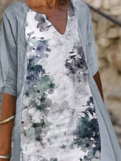 Women's Dress Set Two Piece Dress A Line Dress Midi Dress Light Blue Gray Half Sleeve Floral Print Summer Spring V Neck Elegant 2023 S M L XL XXL 3XL -Party Prom Dresses Sales Store kqpugn1653363829251