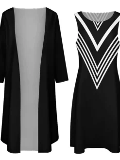 Women's Dress Set Two Piece Dress Long Dress Maxi Dress Black And White Stripes Long Sleeve Color Block Print Winter Fall Crew Neck Vacation Winter Dress Weekend Fall Dress Loose Fit 2023 S M L XL -Party Prom Dresses Sales Store kqwpek1663574604009