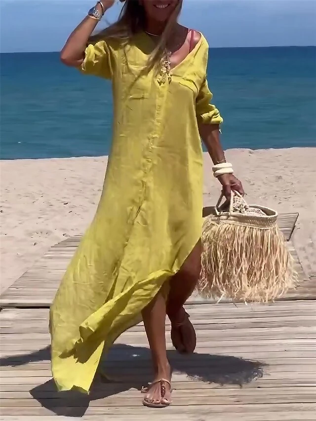 Women's Casual Dress Cotton Linen Dress Maxi Long Dress Cotton Blend Fashion Classic Outdoor Daily Vacation V Neck Button Pocket 3/4 Length Sleeve Summer Spring Fall 2023 Loose Fit Yellow Blue Purple 1 Women's Casual Dress Cotton Linen Dress Maxi Long Dress Cotton Blend Fashion Classic Outdoor Daily Vacation V Neck Button Pocket 3/4 Length Sleeve Summer Spring Fall 2023 Loose Fit Yellow Blue Purple