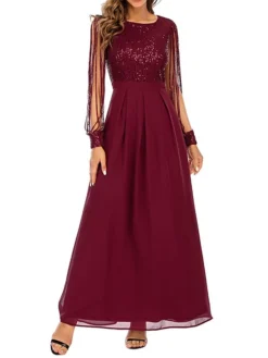 Women‘s Party Dress Sequin Dress Wedding Guest Dress Long Dress Maxi Dress Wine Long Sleeve Pure Color Sparkly Glitter Sequins Spring Fall Winter Crew Neck Fashion Winter Dress Wedding Guest