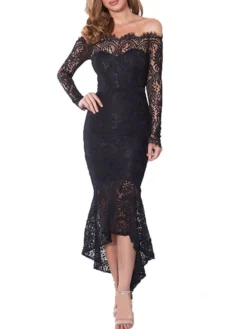 Women‘s Cocktail Party Dress Wedding Guest Dress Lace Dress Midi Dress Black White Wine Long Sleeve Pure Color Lace Winter Fall Autumn Off Shoulder Elegant Winter Dress Fall Dress 2023 S M L XL -Party Prom Dresses Sales Store krzjex1635409558574