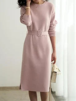 Women's Party Dress Cocktail Dress Shift Dress Midi Dress Pink Gray Long Sleeve Pure Color Split Fall Winter Autumn Crew Neck Fashion Winter Dress Wedding Guest Vacation 2023 S M L XL -Party Prom Dresses Sales Store ksbbrv1694489664027