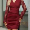 Women's Party Dress Homecoming Dress Cocktail Dress Mini Dress Black Red Blue Long Sleeve Pure Color Lace Fall Winter Autumn V Neck Fashion Winter Dress Wedding Guest Vacation 2023 S M L XL XXL
