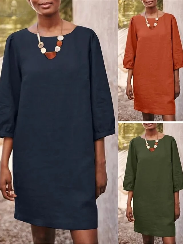 Women's Casual Dress Cotton Linen Dress Shift Dress Mini Dress Linen / Cotton Blend Basic Classic Outdoor Daily Vacation Crew Neck Basic 3/4 Length Sleeve Summer Spring Fall 2023 Loose Fit Navy Blue 4 Women's Casual Dress Cotton Linen Dress Shift Dress Mini Dress Linen / Cotton Blend Basic Classic Outdoor Daily Vacation Crew Neck Basic 3/4 Length Sleeve Summer Spring Fall 2023 Loose Fit Navy Blue - Image 4