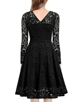 Women‘s Party Dress Wedding Guest Dress Lace Dress Dress Knee Length Dress Black Wine Navy Blue Long Sleeve Pure Color Lace Winter Fall Spring V Neck Elegant Winter Dress Office 2023 S M L XL XXL 3XL -Party Prom Dresses Sales Store kssorc1635935570443
