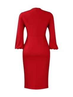 Women's Work Dress Sheath Dress Black Dress Fashion Puff Sleeve Midi Dress Ruched Split V Neck Long Sleeve Plain Regular Fit Black White Red Fall Winter S M L XL XXL -Party Prom Dresses Sales Store ktahkq1693206402376