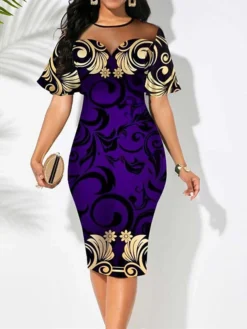 Women‘s Sheath Dress Midi Dress Purple Short Sleeve Floral Print Spring Summer Crew Neck Work 2023 S M L XL XXL 3XL