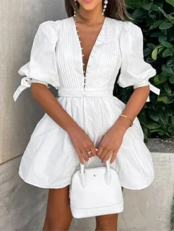 Women's Work Dress Casual Dress White Dress Fashion Daily Puff Sleeve Mini Dress Ruched Button V Neck 3/4 Length Sleeve Plain Regular Fit White Fall Winter S M L -Party Prom Dresses Sales Store ktfrxc1695645259465