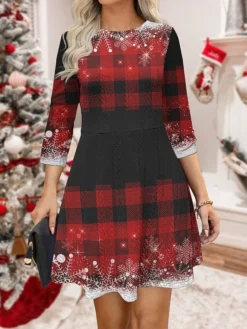 Women‘s Christmas Sweater Dress Jumper Dress Winter Dress Warm Plaid Snowflake Outdoor Christmas Daily Holiday Crew Neck Long Sleeve 2023 Regular Fit Wine Purple Green S M L XL XXL 3XL -Party Prom Dresses Sales Store ktkuir1695620952002