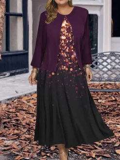Women's Plus Size Two Piece Dress Set Casual Dress Swing Dress Outdoor Office Fashion Streetwear Print Midi Dress Crew Neck Long Sleeve Ombre Regular Fit Wine Navy Blue Blue Fall Winter L XL XXL 3XL
