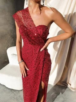 Women‘s Christmas Prom Dress Party Dress Sequin Dress Long Dress Maxi Dress Black Wine Sleeveless Pure Color Sparkly Glitter Sequins Fall Autumn One Shoulder Fashion Winter Dress Wedding Guest