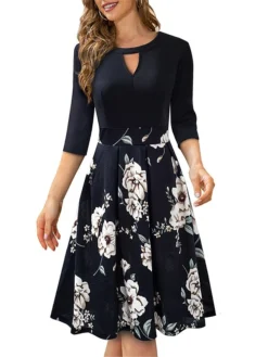 Women's Work Dress Semi Formal Dress A Line Dress Fashion Midi Dress Hollow Out Print Crew Neck 3/4 Length Sleeve Floral Regular Fit Black Fall Winter S M L XL