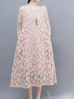 Women's Work Dress Lace Dress Black Dress Fashion Midi Dress Lace Crew Neck Long Sleeve Plain Loose Fit Black White Pink Fall Winter M L XL XXL 3XL -Party Prom Dresses Sales Store ktsnym1693300603188