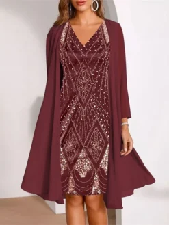 Women's Dress Set Two Piece Dress Church Dress Midi Dress Black Wine Purple Long Sleeve Geometric Print Summer Spring Fall V Neck Fashion Wedding Guest Spring Dress 2023 M L XL XXL 3XL -Party Prom Dresses Sales Store ktyguv1650878410028