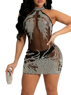 Women's Party Dress Sequin Dress Bodycon Mini Dress Black Beige Sleeveless Color Block Sequins Summer Spring Halter Neck Party Vacation Summer Dress Slim 2023 S M L XL 2XL -Party Prom Dresses Sales Store kuetmg1676452132321