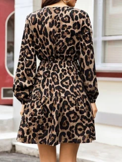 Women's Work Dress Casual Dress Fashion Winter Dress Daily Mini Dress Ruched Ruffle V Neck Long Sleeve Leopard Loose Fit Brown Fall Winter S M L XL -Party Prom Dresses Sales Store kujkdt1695645237591