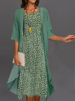 Women's Two Piece Dress Set Casual Dress Floral Dress Outdoor Daily Fashion Elegant Print Midi Dress Crew Neck 3/4 Length Sleeve Floral Regular Fit White Pink Blue Summer Spring S M L XL XXL -Party Prom Dresses Sales Store kullwa1681352876343