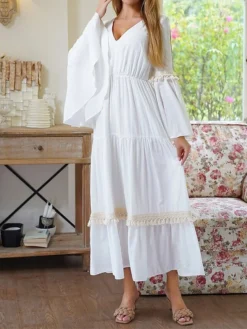 Women's Party Dress Cocktail Dress Wedding Guest Dress Midi Dress White Long Sleeve Pure Color Tassel Fringe Fall Winter Autumn V Neck Fashion Birthday Wedding Guest Vacation 2023 S M L XL -Party Prom Dresses Sales Store kunpee1693983146715