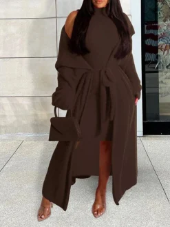 Women's Two Piece Dress Set Casual Dress Sheath Dress Daily Going Out Fashion Streetwear Lace Up Midi Dress Stand Collar Long Sleeve Plain Slim Black Yellow Wine Fall Winter S M L XL XXL -Party Prom Dresses Sales Store kupzao1693295536982