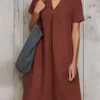 Women's Casual Dress Cotton Linen Dress A Line Dress Midi Dress Linen Cotton Blend Fashion Modern Outdoor Daily Vacation V Neck Ruched Short Sleeve Summer Spring 2023 Loose Fit ArmyGreen Wine Sky Blue