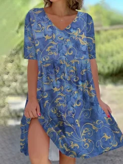 Women's Casual Dress Cotton Linen Dress Swing Dress Mini Dress Polyester Fashion Casual Daily Outdoor Daily Vacation V Neck Print Half Sleeve Summer Spring Fall 2023 Loose Fit White Navy Blue Royal -Party Prom Dresses Sales Store kvqqtf1689908190044