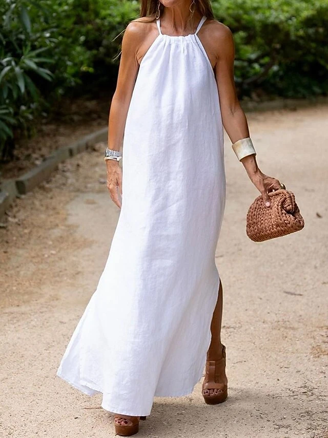 Women's Casual Dress Swing Dress White Dress Long Dress Maxi Dress Cotton Polyester Basic Casual Outdoor Daily Holiday Halter Neck Split Sleeveless Summer Spring 2023 Regular Fit Camel Black White 3 Women's Casual Dress Swing Dress White Dress Long Dress Maxi Dress Cotton Polyester Basic Casual Outdoor Daily Holiday Halter Neck Split Sleeveless Summer Spring 2023 Regular Fit Camel Black White - Image 3