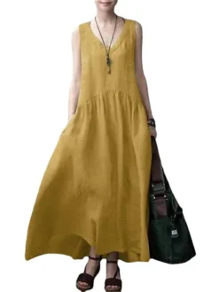 Women's Casual Dress Cotton Linen Dress A Line Dress Maxi Long Dress Cotton Blend Basic Modern Outdoor Daily V Neck Pocket Sleeveless Summer Spring 2023 Regular Fit ArmyGreen Black Yellow Pure Color -Party Prom Dresses Sales Store kvztbd1682427097494