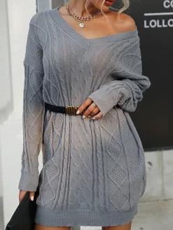 Women's Sweater Dress Winter Dress Jumper Dress Mini Dress Ruched Outdoor Street Daily Fashion Streetwear V Neck Long Sleeve 2023 Loose Fit Gray Color S M L Size -Party Prom Dresses Sales Store kwcthk1695036412630