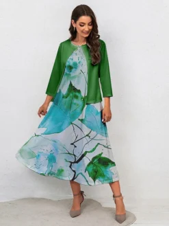 Women's Two Piece Dress Set Casual Dress Swing Dress Outdoor Office Fashion Streetwear Print Midi Dress Crew Neck 3/4 Length Sleeve Leaf Regular Fit Yellow Green Gray Fall Winter S M L XL XXL -Party Prom Dresses Sales Store kwetlr1697681155150