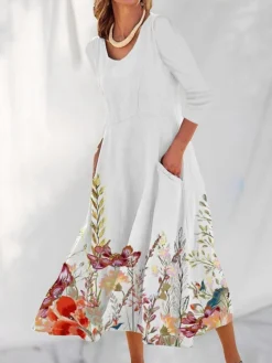 Women's Casual Dress Cotton Linen Dress Swing Dress Maxi Long Dress Polyester Fashion Casual Daily Outdoor Daily Vacation V Neck Split Print Long Sleeve Summer Spring Fall 2023 Loose Fit White Navy -Party Prom Dresses Sales Store kwfrez1690539144214