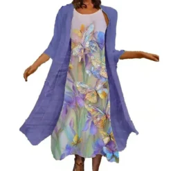 Women's Dress Set Two Piece Dress Chiffon Dress Midi Dress Purple Green 3/4 Length Sleeve Print Print Summer Spring Crew Neck Vacation 2023 M L XL 2XL 3XL 4XL -Party Prom Dresses Sales Store kwmmur1649210691187