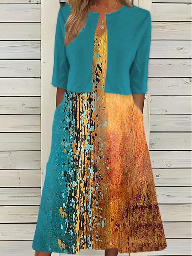 Women's Two Piece Dress Set Casual Dress Dress Set Daily Holiday Fashion Modern Print Midi Dress V Neck Half Sleeve Painting Regular Fit Green Summer Spring S M L XL XXL 1 Women's Two Piece Dress Set Casual Dress Dress Set Daily Holiday Fashion Modern Print Midi Dress V Neck Half Sleeve Painting Regular Fit Green Summer Spring S M L XL XXL