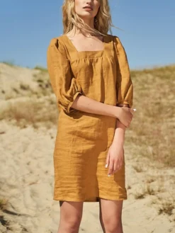 Women's Casual Dress Cotton Linen Dress Shift Dress Mini Dress Cotton Fashion Modern Outdoor Daily Vacation Square Neck Puff Sleeve Basic Half Sleeve Summer Spring Fall 2023 Regular Fit Blue Brown