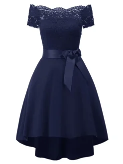 Women‘s Cocktail Party Dress Wedding Guest Dress Black Dress Knee Length Dress White Pink Wine Short Sleeve Pure Color Lace Fall Spring Off Shoulder 2023 S M L XL XXL -Party Prom Dresses Sales Store kwujcr1632378306959