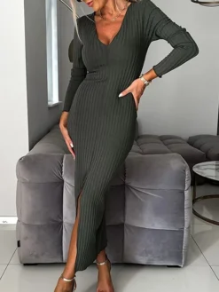Women's Sweater Dress Jumper Dress Casual Dress Midi Dress Fashion Plain Outdoor Daily Vacation Going Out V Neck Long Sleeve 2023 Regular Fit Black Green Khaki S M L XL XXL -Party Prom Dresses Sales Store kwybjw1694427595584
