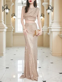 Women's Two Piece Dress Set Party Dress Skirt Set Party Wedding Guest Fashion Elegant Sequin Long Dress Maxi Dress Crew Neck Sleeveless Plain Regular Fit Apricot Summer Spring S M L XL -Party Prom Dresses Sales Store kwysnx1690274870203