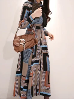 Women's Work Dress Sheath Dress Swing Dress Fashion Winter Dress Office Daily Long Dress Maxi Dress Button Print V Neck Long Sleeve Stripe Print Regular Fit Khaki Fall Winter S M L XL -Party Prom Dresses Sales Store kxcijz1695030993351