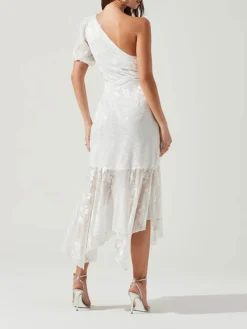 Women's Party Dress Lace Dress Wedding Guest Dress Midi Dress White Short Sleeve Pure Color Lace Spring Fall Winter One Shoulder Fashion Winter Dress Wedding Guest Evening Party 2023 S M L XL -Party Prom Dresses Sales Store kxivll1697612528644
