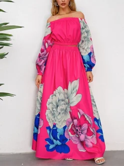 Women's Two Piece Dress Set Casual Dress Skirt Set Daily Going Out Casual Ruched Print Long Dress Maxi Dress Off Shoulder Long Sleeve Floral Regular Fit Blue Green Rose Red Fall Winter S M L XL XXL -Party Prom Dresses Sales Store kxkjua1692339425944
