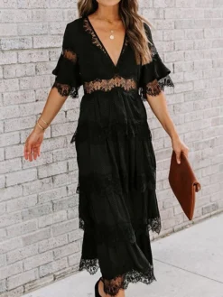 Women's Party Dress Lace Dress White Dress Midi Dress Black Pink White Half Sleeve Pure Color Lace Spring Summer V Neck S M L XL XXL -Party Prom Dresses Sales Store kxmkwj1630555187635