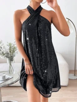 Women‘s Party Dress Sequin Dress Homecoming Dress Black Dress Mini Dress Fuchsia Sleeveless Pure Color Sequins Summer Spring Fall Halter Neck Fashion Wedding Guest Vacation Summer Dress 2023 -Party Prom Dresses Sales Store kxulpl1684737975365
