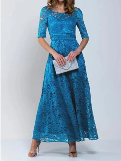 Women's A Line Dress Maxi Long Dress Royal Blue Lace Dress Half Sleeve Floral Solid Color Ruched Print Spring Summer Crew Neck Stylish Elegant 2023 S-3XL