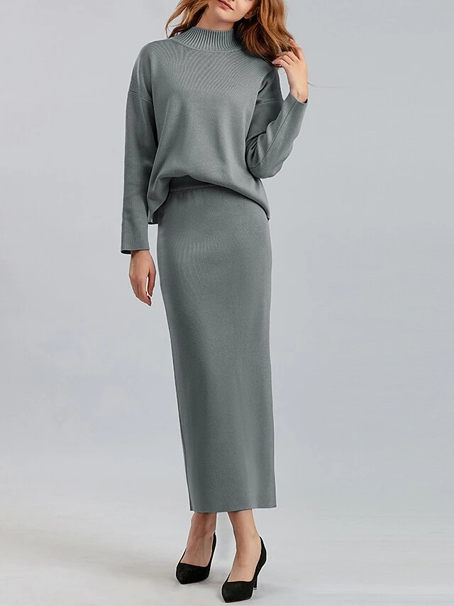 Women's Two Piece Dress Set Casual Dress Skirt Set Outdoor Daily Fashion Streetwear Split Ribbed Midi Dress Turtleneck Long Sleeve Plain Loose Fit Black Light Green Blue Fall One-Size 1 Women's Two Piece Dress Set Casual Dress Skirt Set Outdoor Daily Fashion Streetwear Split Ribbed Midi Dress Turtleneck Long Sleeve Plain Loose Fit Black Light Green Blue Fall One-Size